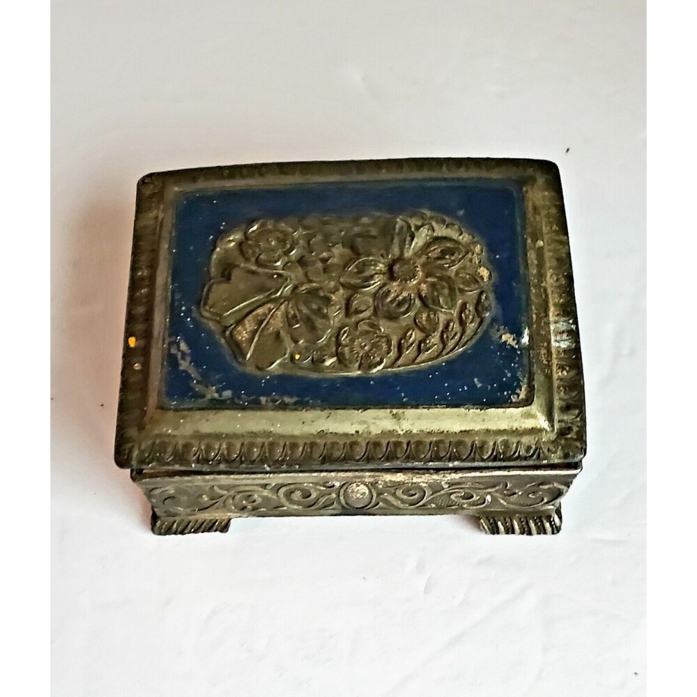 Silver Footed Trinket Box Occupied Japan Blue Top And Embossed Rose Vintage